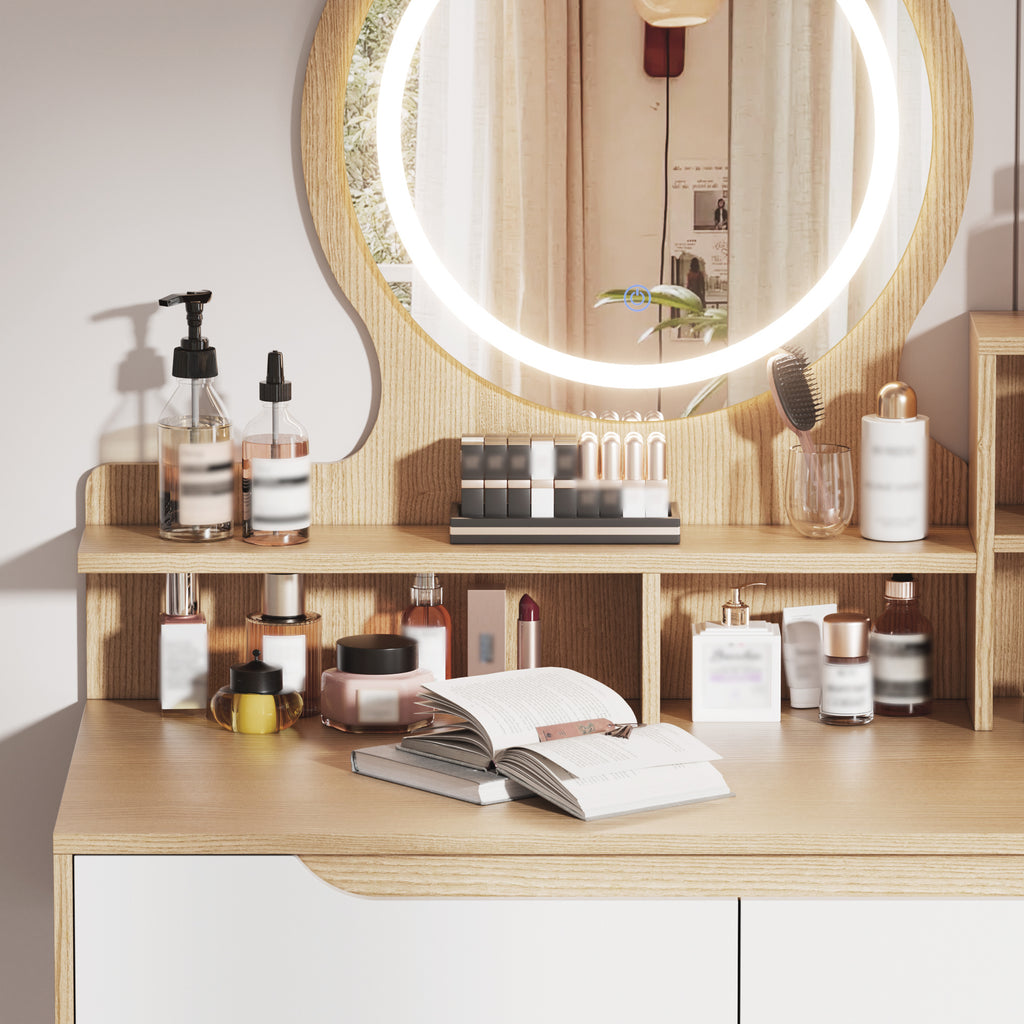 Elegant Makeup Vanity Desk with Adjustable Lighted Mirror, Solid Wood Table Feet, American White Oak, MDF, Compact Size - Grand Goldman Shop