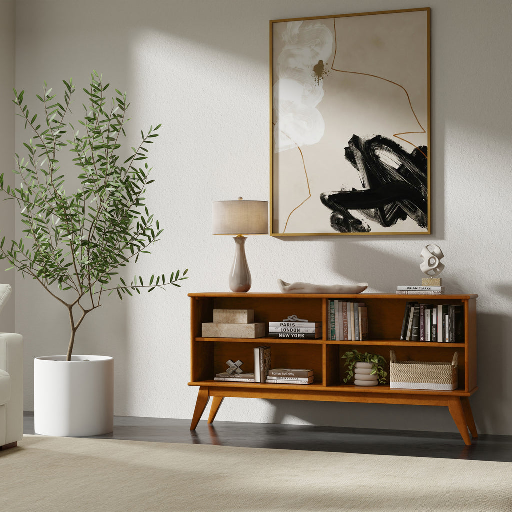 Draper Low Bookcase in Teak Brown: Mid-Century Modern Solid Wood Storage Unit with 4 Open Shelves, 14D x 64W x 30H | Premium 