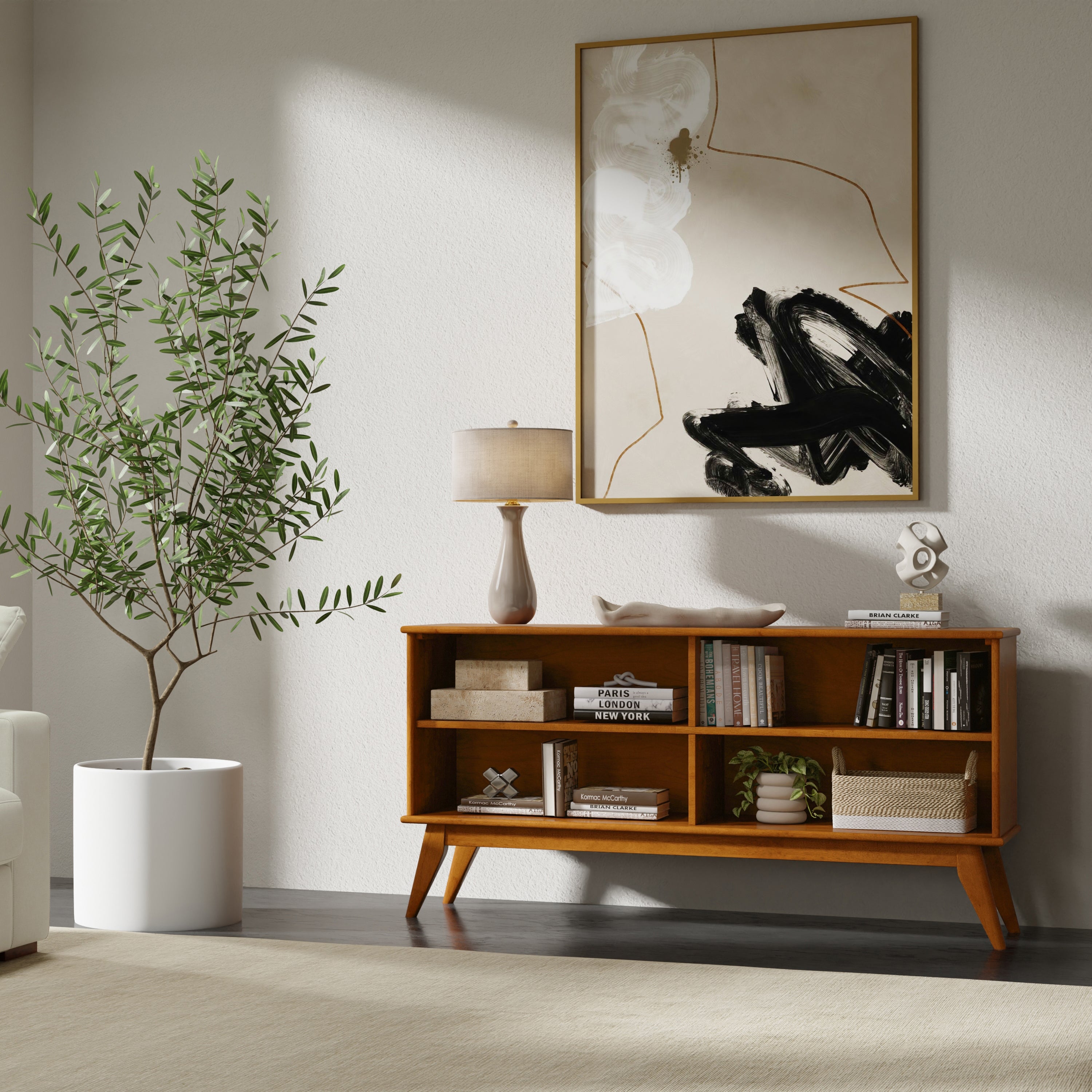 Draper Low Bookcase in Teak Brown: Mid-Century Modern Solid Wood Storage Unit with 4 Open Shelves, 14D x 64W x 30H | Premium 