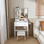 Modern White Vanity Desk with 3 LED Lighting Modes, 3 Drawers, Open Shelves, Hair Dryer Holder, and Dressing Chair - MDF Construction - Grand Goldman Shop