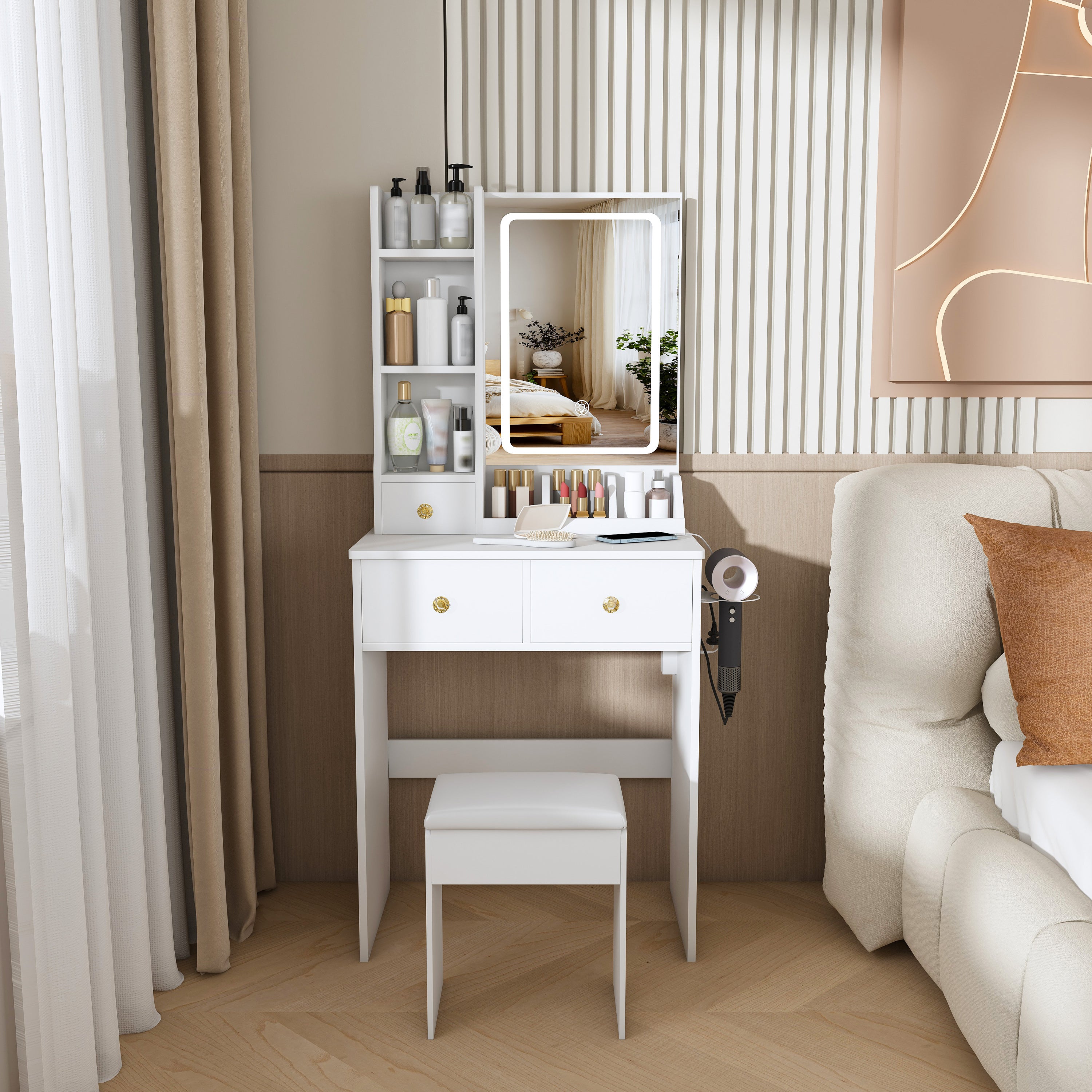 Modern White Vanity Desk with 3 LED Lighting Modes, 3 Drawers, Open Shelves, Hair Dryer Holder, and Dressing Chair - MDF Construction - Grand Goldman Shop