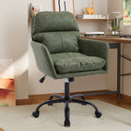Green PU Leather Office Chair with Adjustable Height, Black Base, Ergonomic Design for Office, Bedroom, and Dressing Table | 