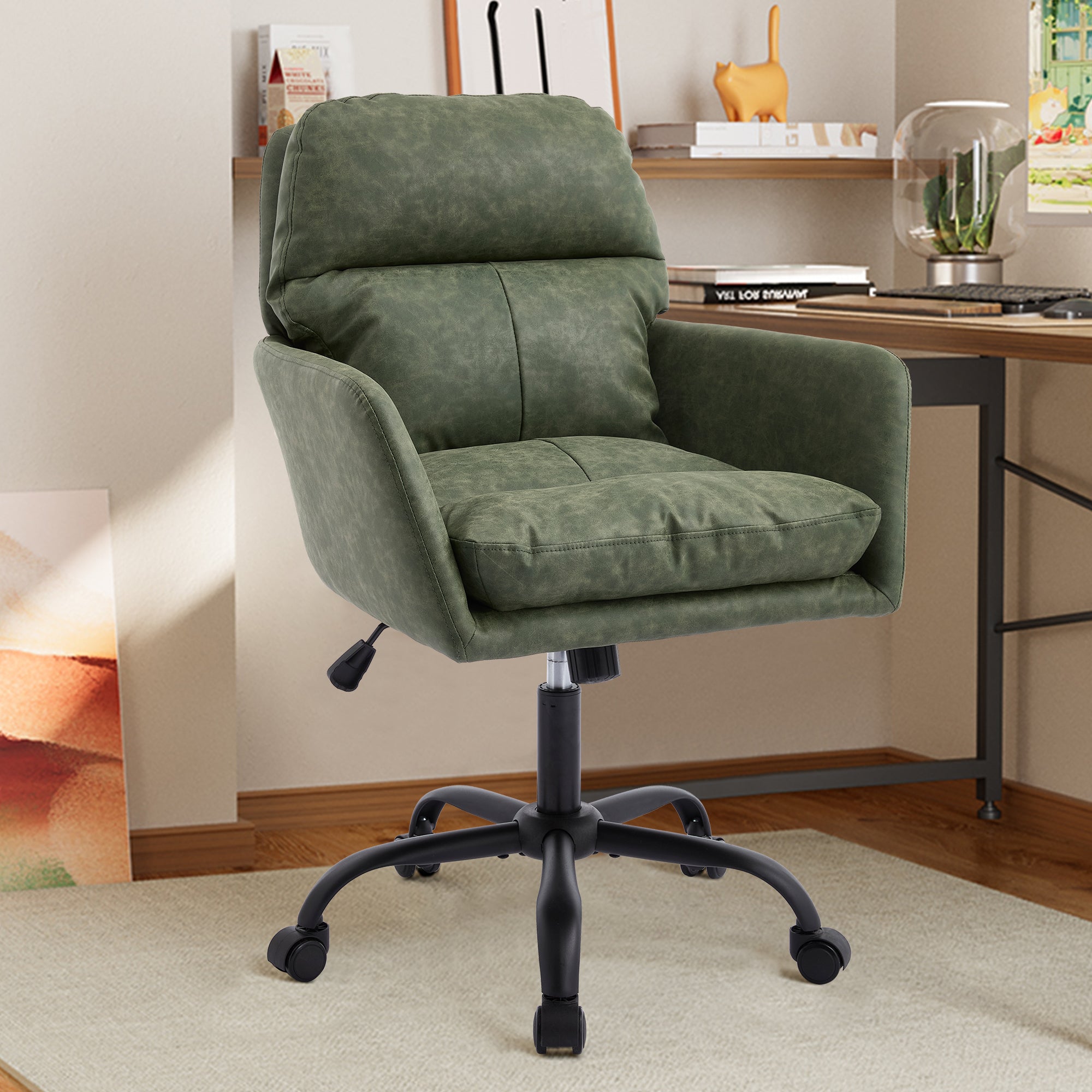 Green PU Leather Office Chair with Adjustable Height, Black Base, Ergonomic Design for Office, Bedroom, and Dressing Table | 