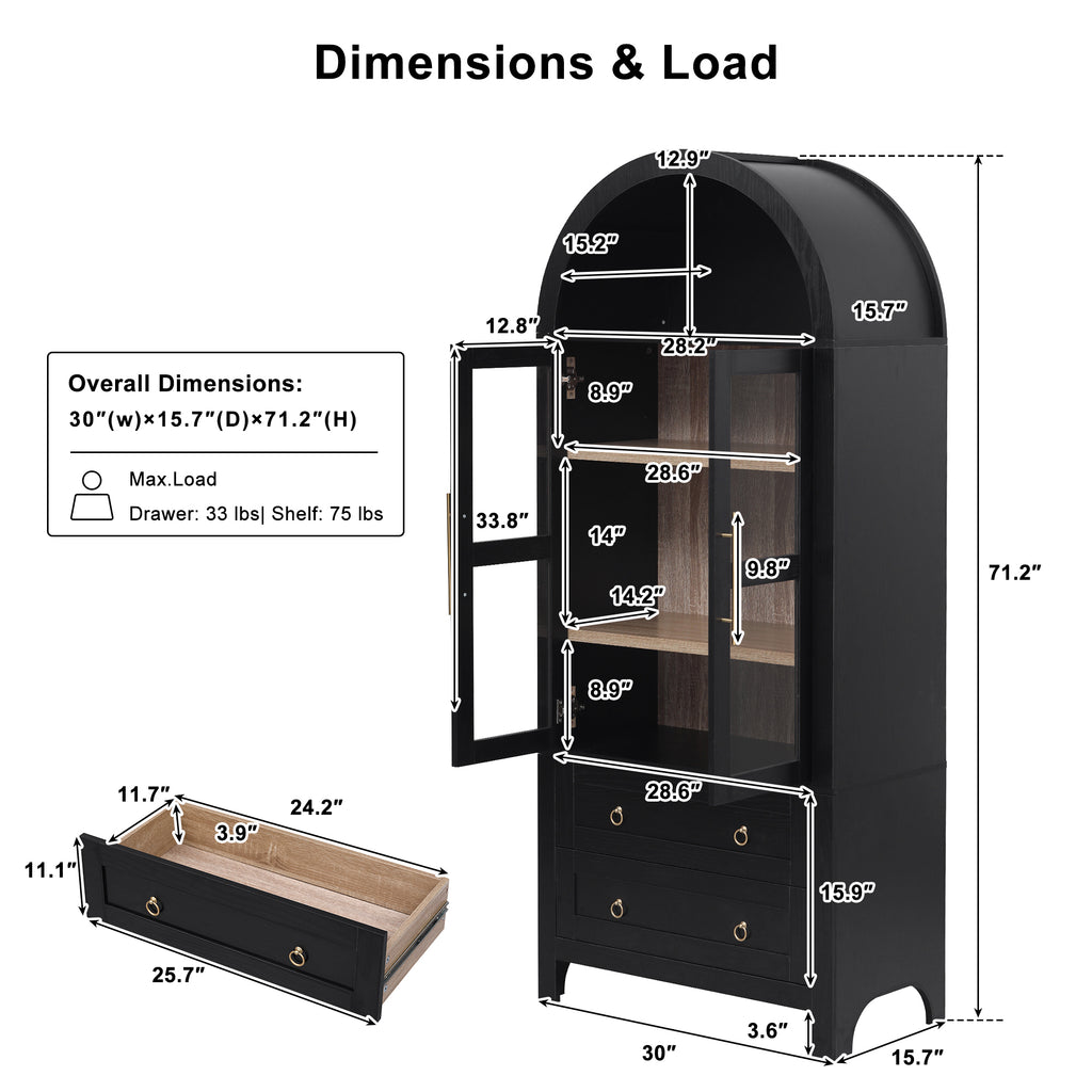 K&K 71' Tall Arched Kitchen Pantry Cabinet with 2 Large Drawers, Modern Farmhouse Kitchen Storage Cabinets with Adjustable Shelves, Glass Door, Wood Versatile Cupboard for Kitchens, Dining Room, Black - Grand Goldman Shop
