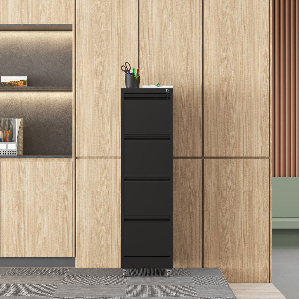 Black Heavy-Duty Metal 4 Drawer Locking Vertical File Cabinet with Wheels for Home & Office, 17.71'D x 15.16'W x 52.28'H - Gr