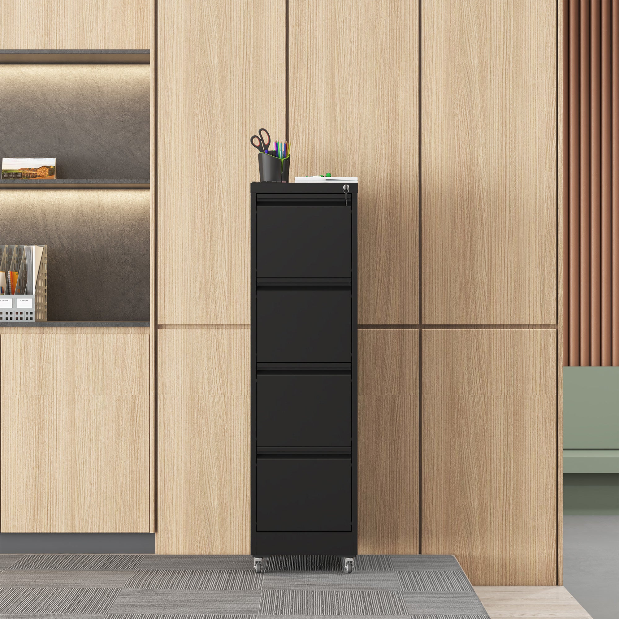 Black Heavy-Duty Metal 4 Drawer Locking Vertical File Cabinet with Wheels for Home & Office, 17.71'D x 15.16'W x 52.28'H - Gr