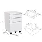 Modern 3-Drawer Mobile Filing Cabinet with Lock, White Metal Office Storage, Legal/Letter Size - Grand Goldman