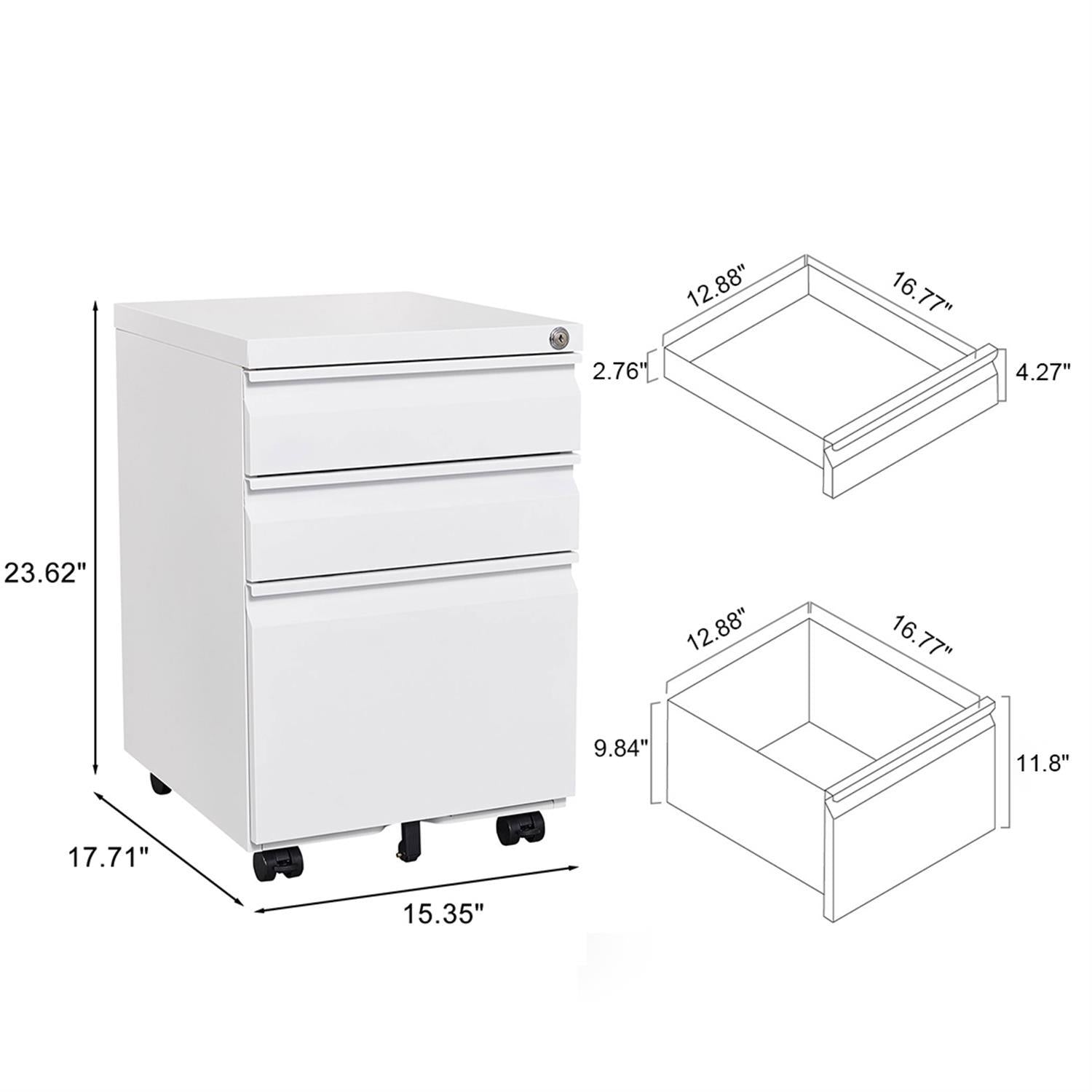 Modern 3-Drawer Mobile Filing Cabinet with Lock, White Metal Office Storage, Legal/Letter Size - Grand Goldman