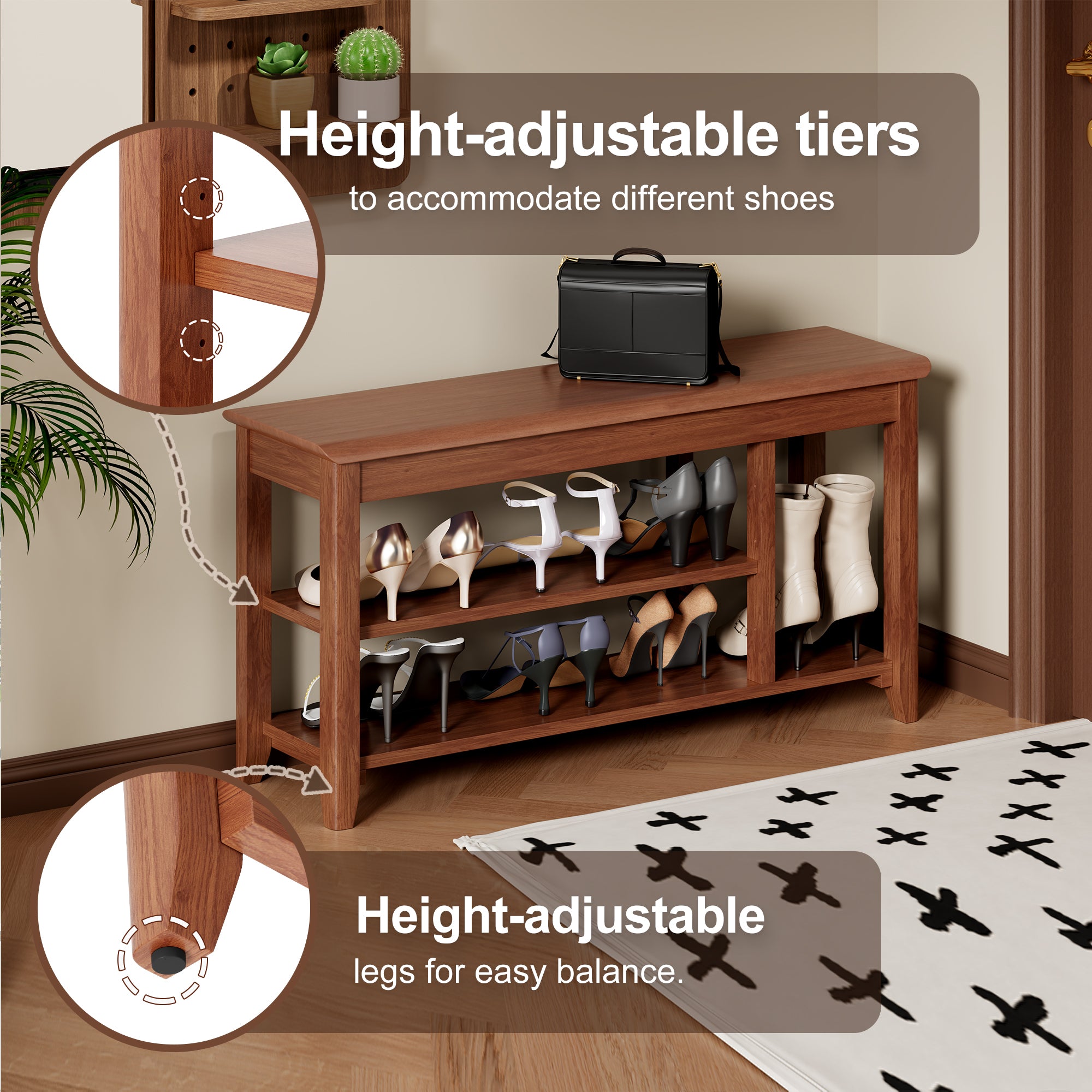 Adjustable shoe-changing bench, storage bench, hidden storage. With a load-bearing capacity of up to 550 pounds, suitable for bedrooms and corridors. 100% solid wood. - Grand Goldman Shop