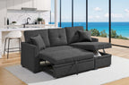 76.5' Linen Blend Upholstered Sectional with Pull-Out Bed and Chaise Storage - Grand Goldman Shop