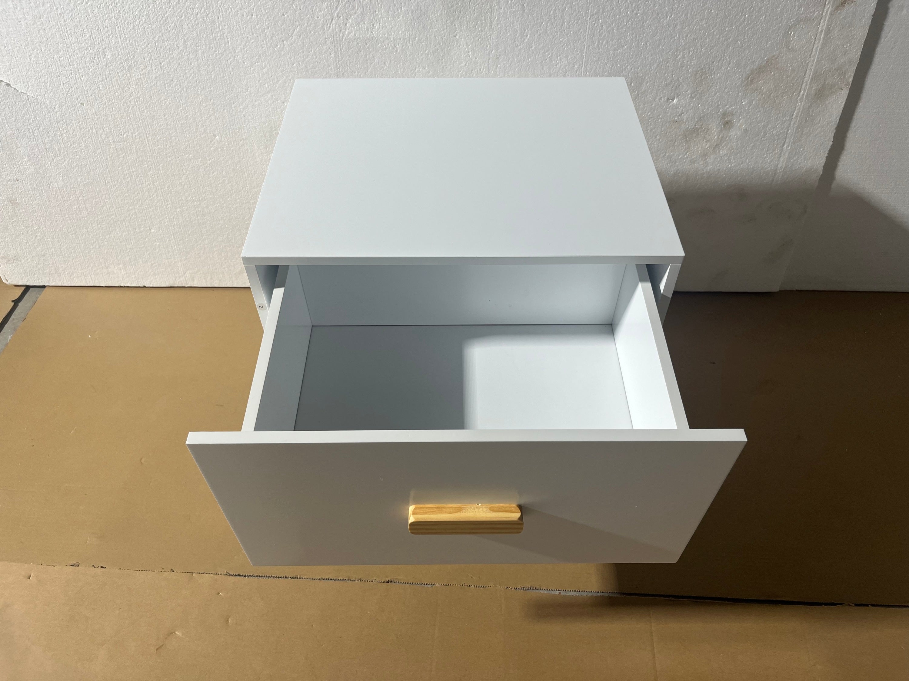Modern White Nightstand with Drawer and Wood Legs, Minimalist Bedside Table with Handle for Bedroom, Living Room, Apartment - Grand Goldman Shop