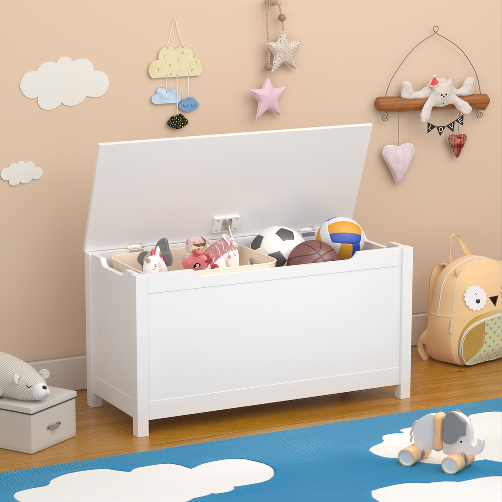 Kids Wooden Toy Box Storage with Safety Hinged Lid for Ages 2+ (White) - Grand Goldman
