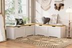 3-Piece L-Shaped Multi-Functional Storage Bench with Cushion, serving as a kitchen corner bench, toy storage box, or reading nook seat., White and Natural, 63'D x 63'W x 19.1'H - Grand Goldman Shop