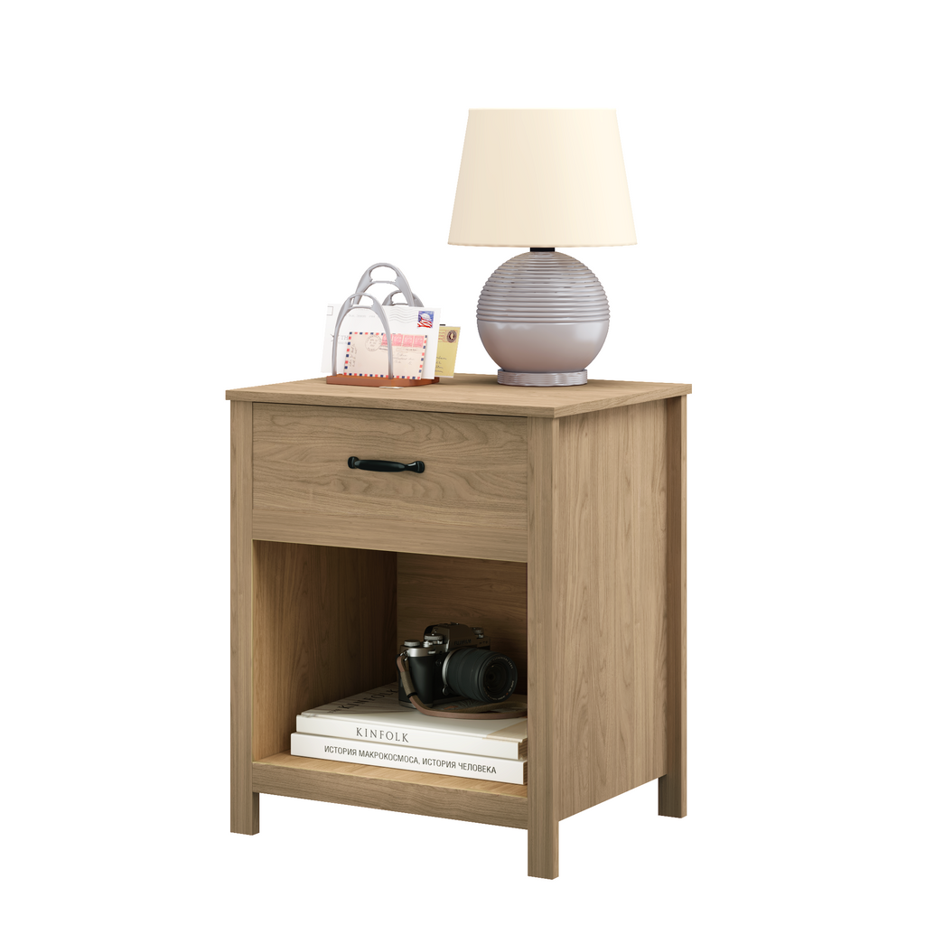 Wood Nightstand with Drawer and Open Shelf, Modern Bedside Table with Storage, Wooden End Table for Bedroom, Living Room or Apartment, Natural Finish, Brown - Grand Goldman Shop