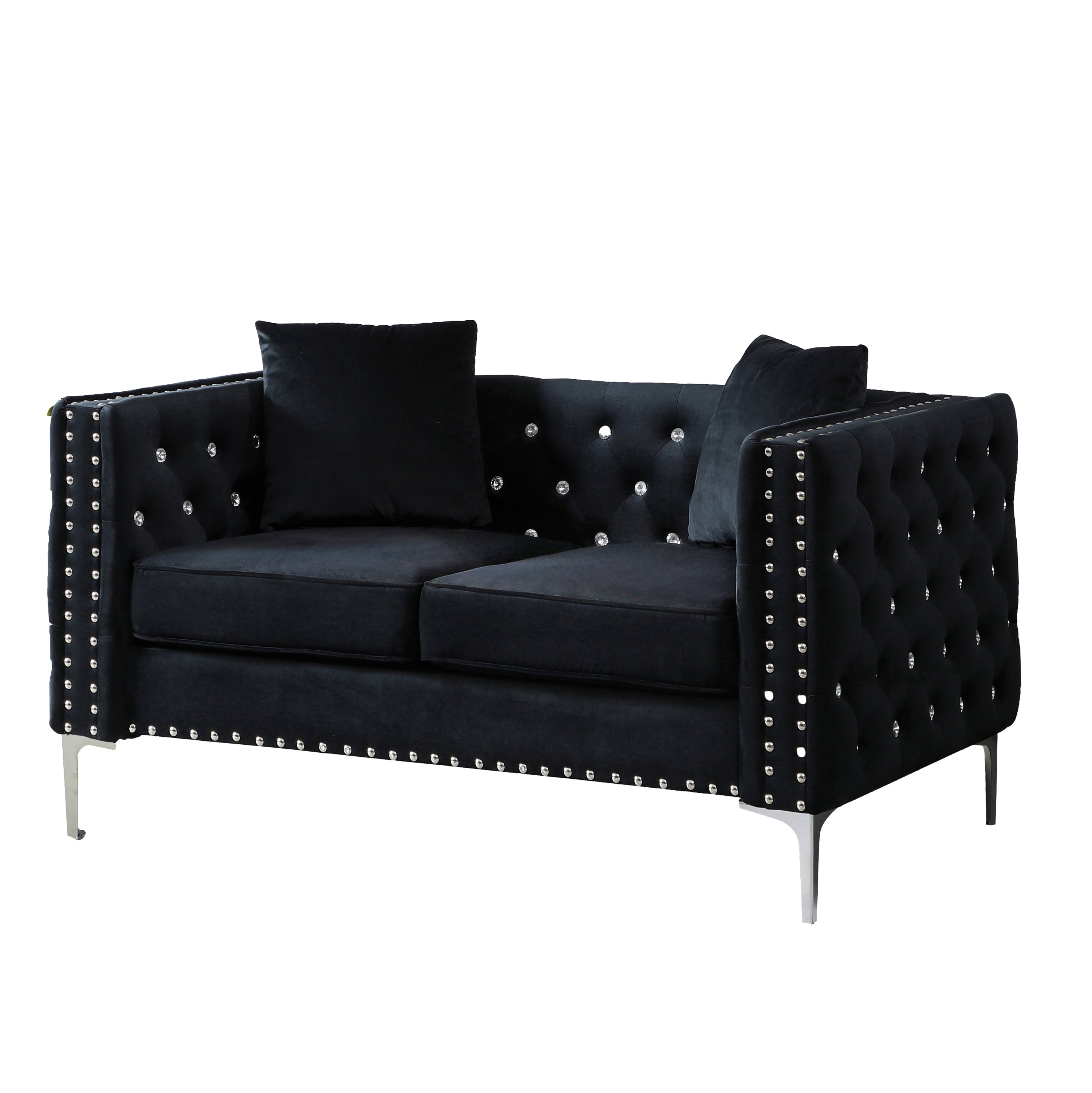 59.4 Inch Wide Black Velvet Sofa with Jeweled buttons,Square Arm ,2 Pillows - Grand Goldman Shop