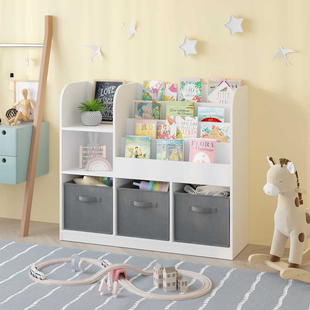 Kids Bookcase and Bookshelf with 3 Collapsible Fabric Drawers, Multifunctional Display Stand for Bedroom, Playroom, Hallway i