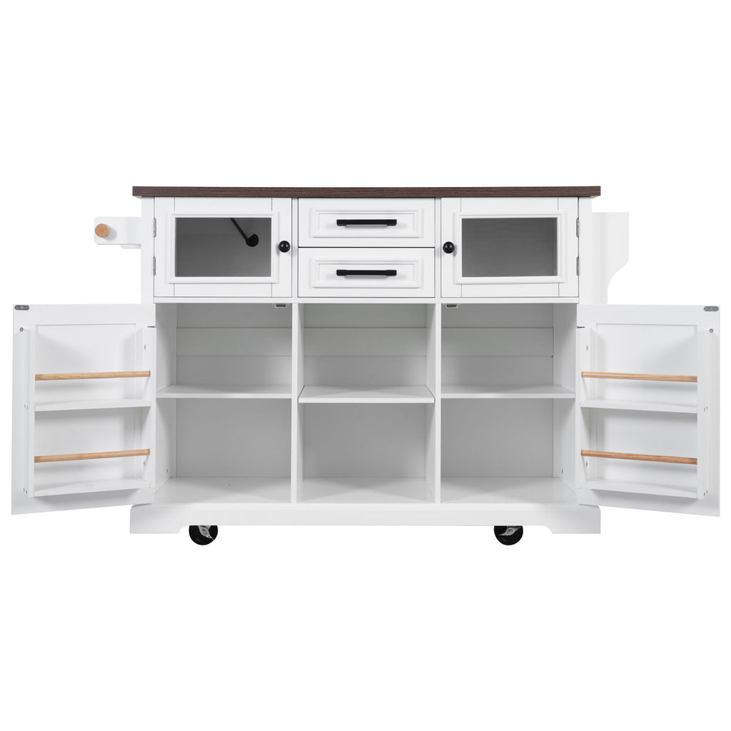 K&K 54.9' Kitchen Island with Drop Leaf, Power Outlet, Kitchen Storage Cart with 4 Door Shelves, Cross Barn Doors & Visual Glass Door, Rolling Kitchen Island on 4 Wheels for Kitchen, Dining Room,White - Grand Goldman Shop