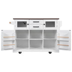 K&K 54.9' Kitchen Island with Drop Leaf, Power Outlet, Kitchen Storage Cart with 4 Door Shelves, Cross Barn Doors & Visual Glass Door, Rolling Kitchen Island on 4 Wheels for Kitchen, Dining Room,White - Grand Goldman Shop