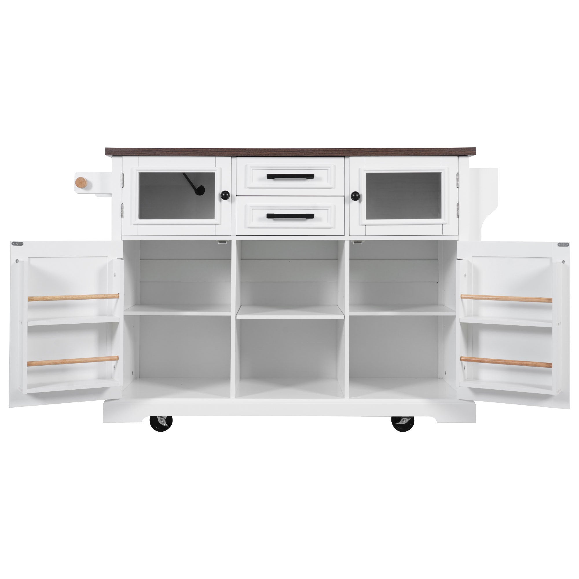 K&K 54.9' Kitchen Island with Drop Leaf, Power Outlet, Kitchen Storage Cart with 4 Door Shelves, Cross Barn Doors & Visual Glass Door, Rolling Kitchen Island on 4 Wheels for Kitchen, Dining Room,White - Grand Goldman Shop