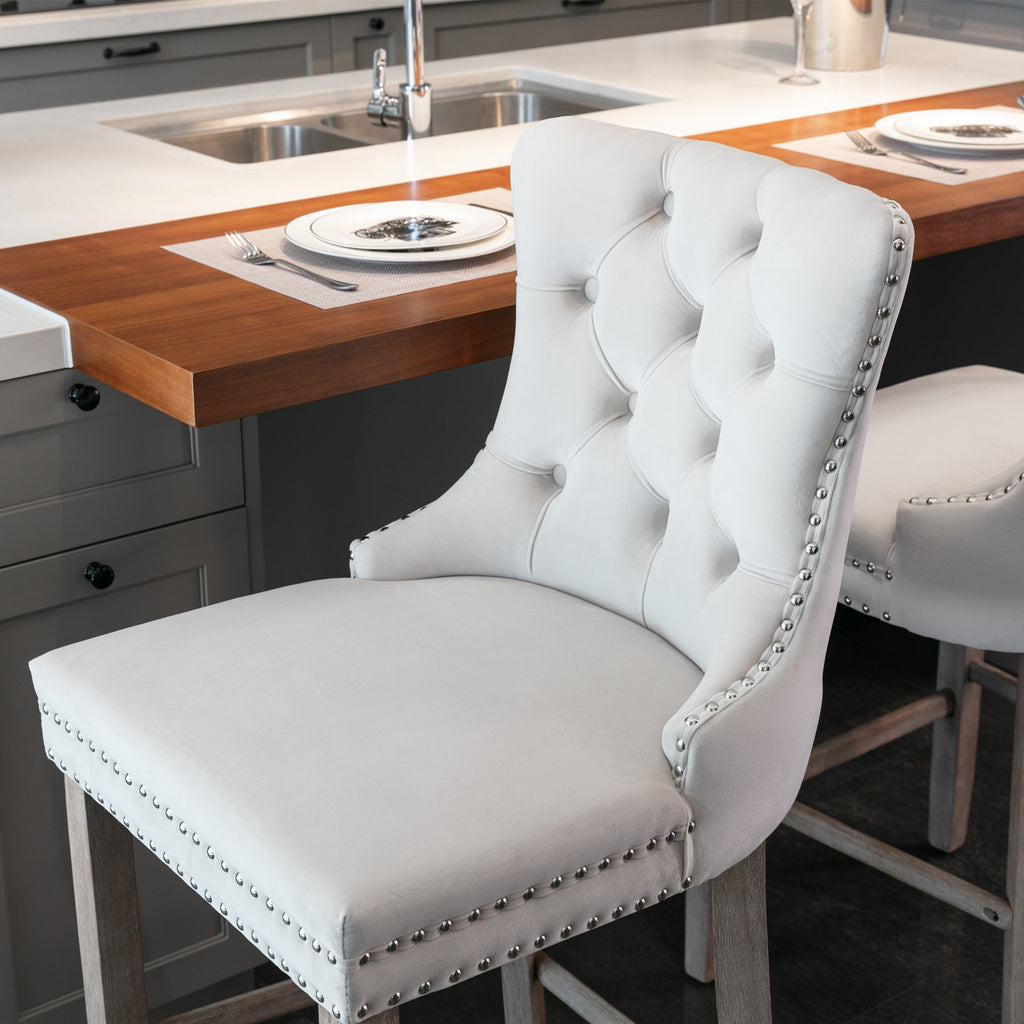 Contemporary Velvet Upholstered Barstools with Button Tufted Decoration and Wooden Legs, and Chrome Nailhead Trim, Leisure Style Bar Chairs,Bar stools, Set of 2 (Beige),SW2002BG - Grand Goldman Shop
