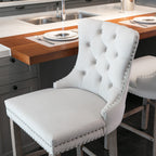 Contemporary Velvet Upholstered Barstools with Button Tufted Decoration and Wooden Legs, and Chrome Nailhead Trim, Leisure Style Bar Chairs,Bar stools, Set of 2 (Beige),SW2002BG - Grand Goldman Shop