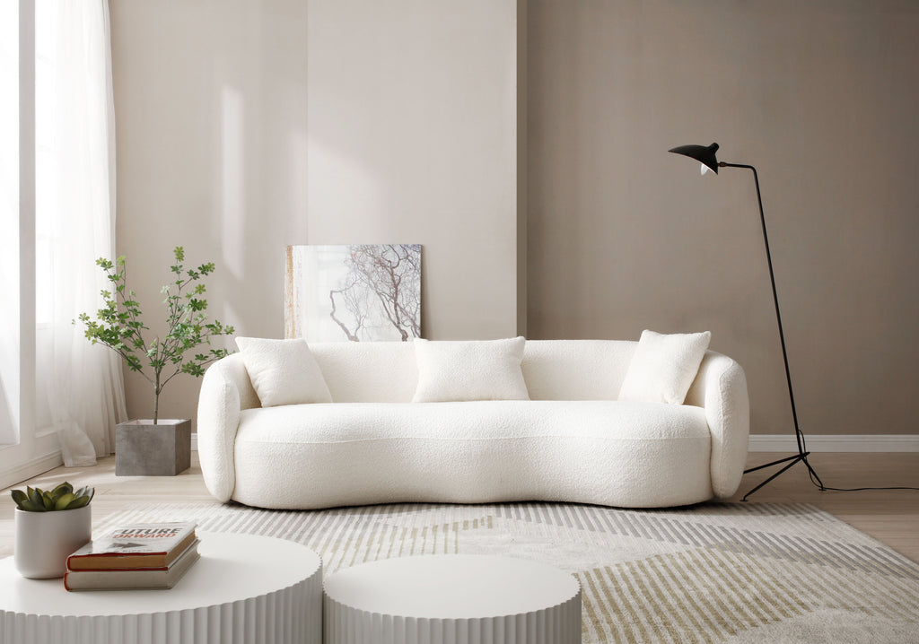 Mid Century Modern Curved Living Room Sofa, 4-Seat Boucle Fabric Couch for Bedroom, Office, Apartment, off white(beige and white) - Grand Goldman Shop