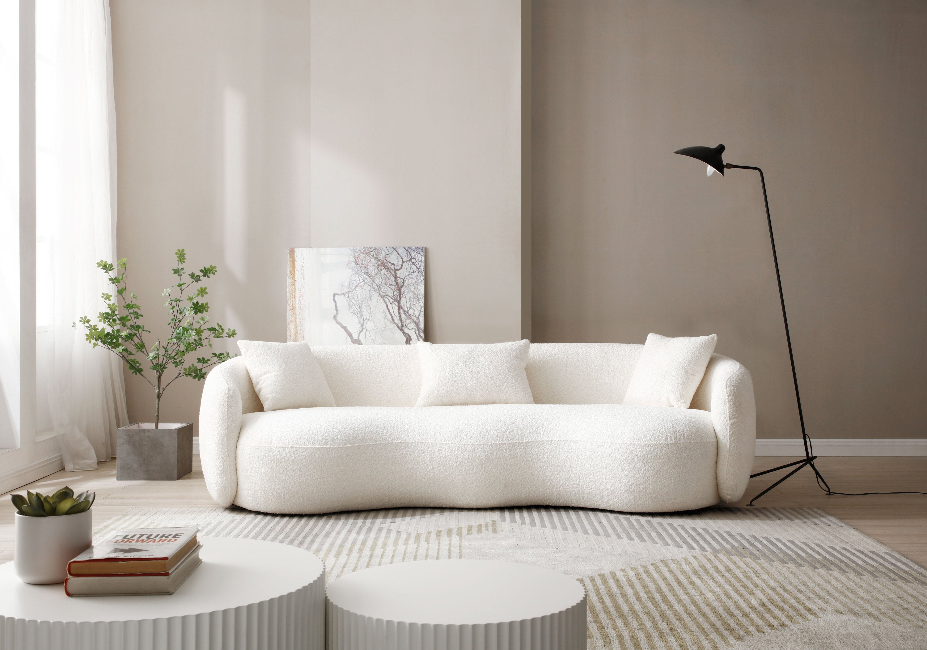 Mid Century Modern Curved Living Room Sofa, 4-Seat Boucle Fabric Couch for Bedroom, Office, Apartment, off white(beige and white) - Grand Goldman Shop