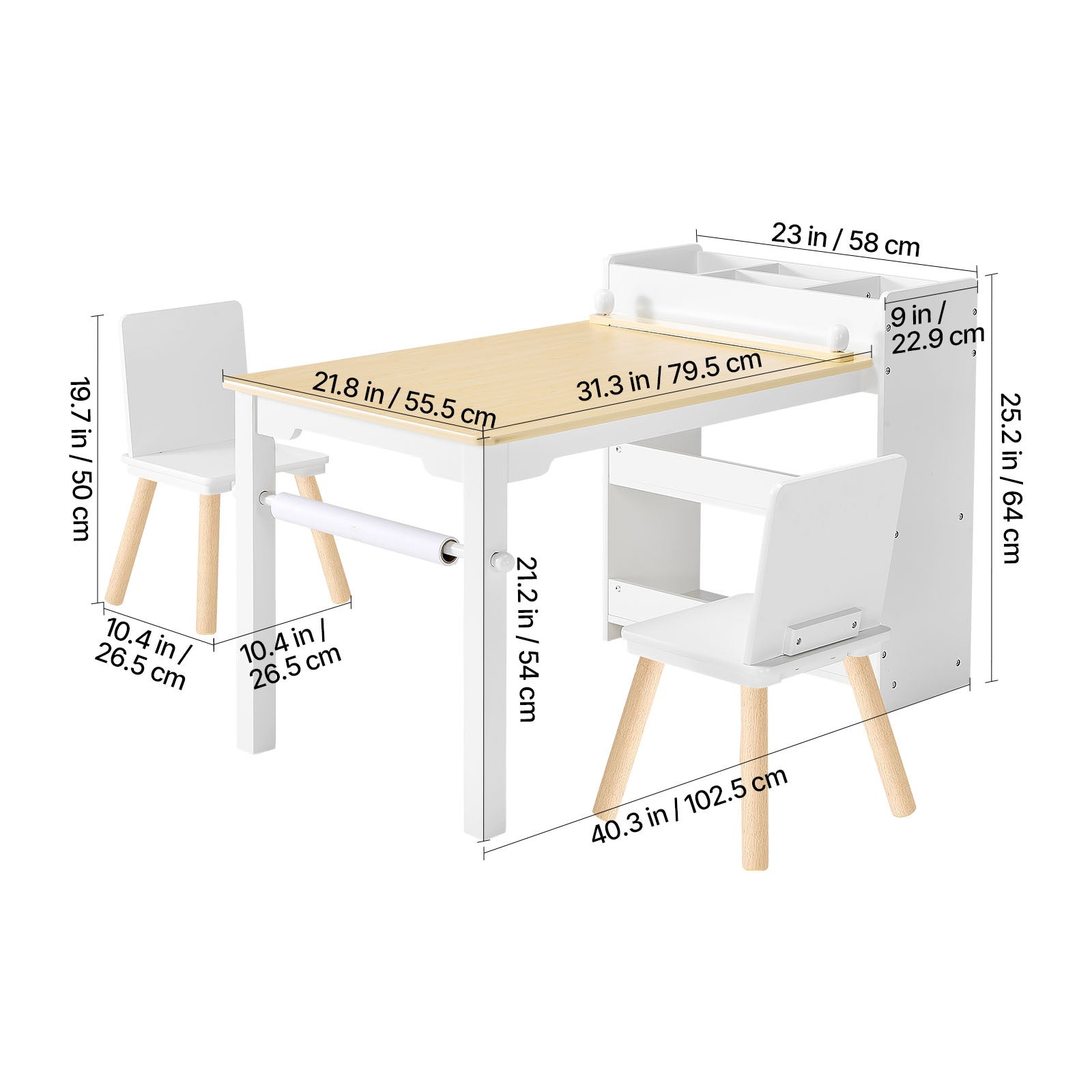Kids Art Table and Chair Set, Toddler Craft Table with 3 Tiers Storage Cabinet, Wooden Kids Activity Play Desk with 2 Chairs,