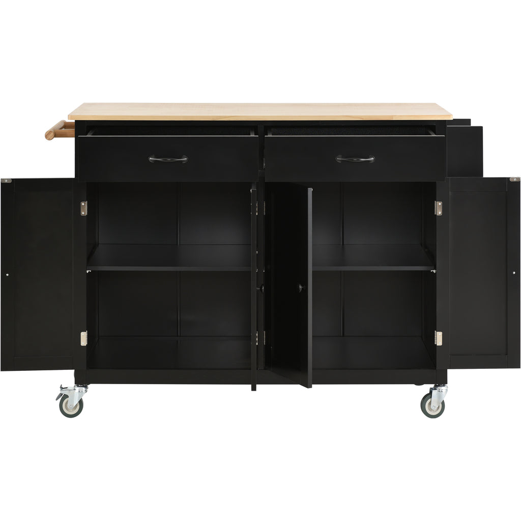 Kitchen Island Cart with Solid Wood Top and Locking Wheels,54.3 Inch Width,4 Door Cabinet and Two Drawers,Spice Rack, Towel Rack (Black) - Grand Goldman Shop