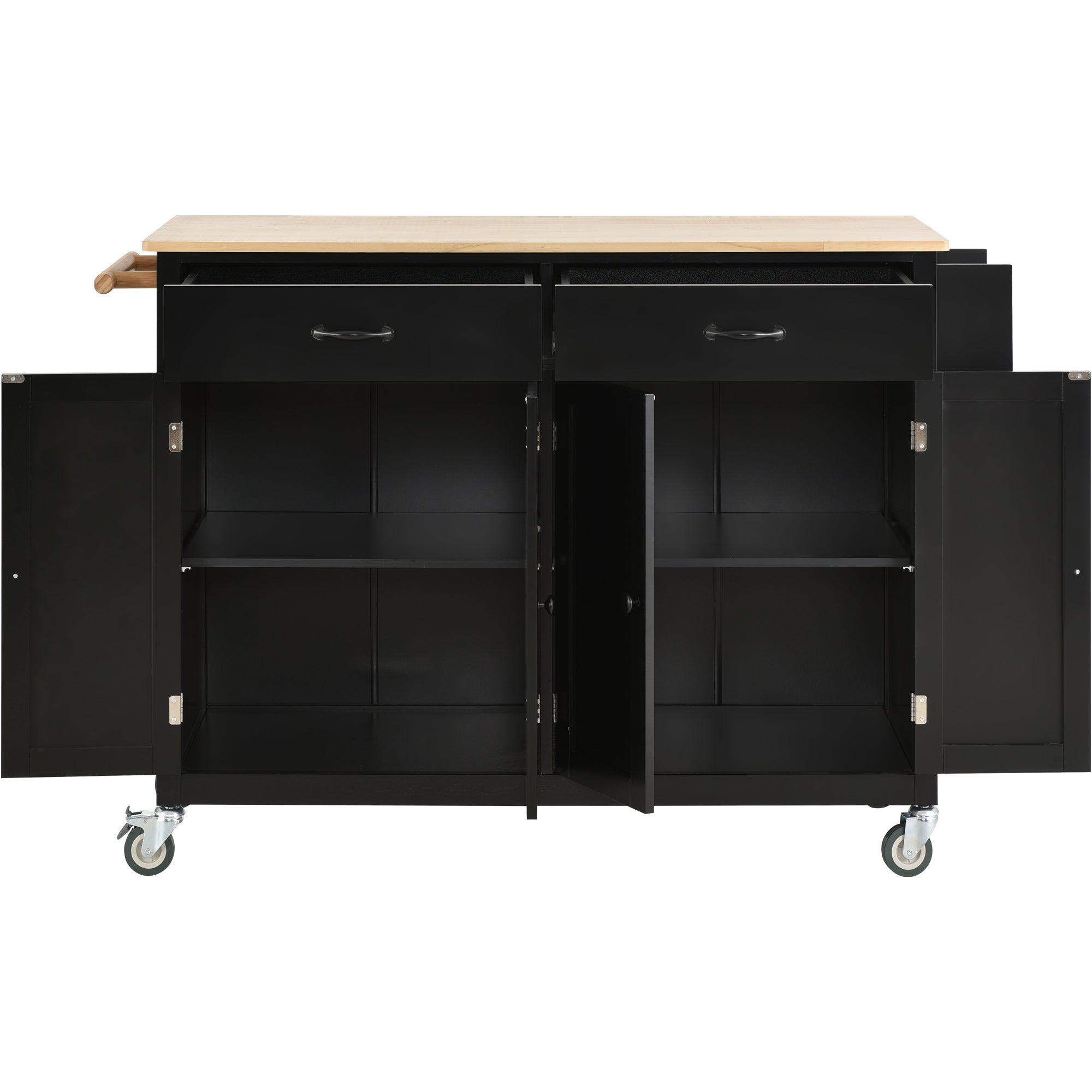 Kitchen Island Cart with Solid Wood Top and Locking Wheels,54.3 Inch Width,4 Door Cabinet and Two Drawers,Spice Rack, Towel Rack (Black) - Grand Goldman Shop