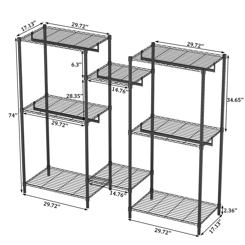 Heavy Duty Garment Rack With 8 Adjustable Wire Shelves and 5 Clothes Rails, Freestanding Closet Organizer, Black Metal - Grand Goldman Shop