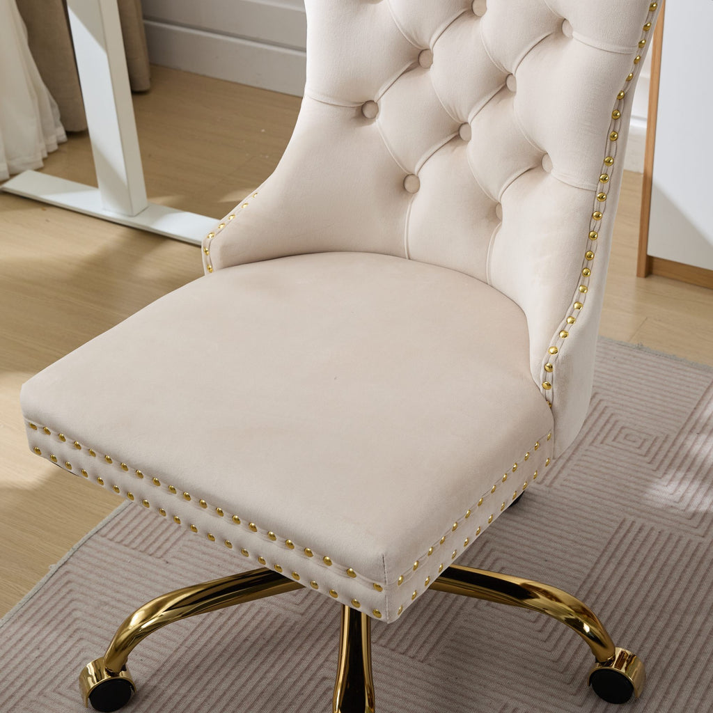 Stylish A&A Furniture Office Chair,Modern Velvet Upholstered Tufted Button Home Office Chair with Golden Metal Base,Adjustabl