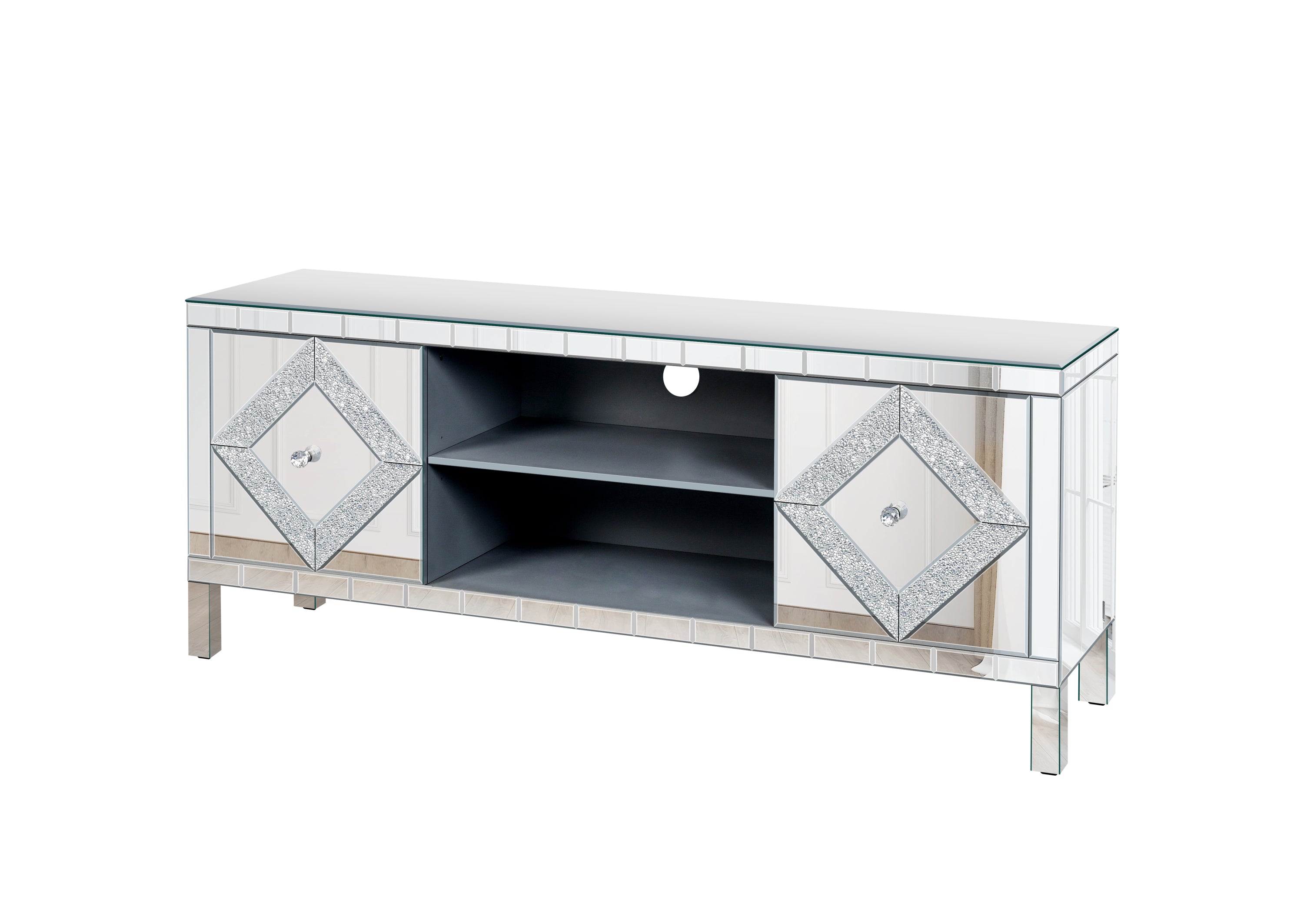 Mirrored TV Stand for 65+ inch TV,Sliver TV Console Table with Open Storage & 2 Storage Cabinets ,Diamond Shape Sparkling Mirror Doors for Living Room(59''W x 25.2''H x 15.7D) - Grand Goldman Shop