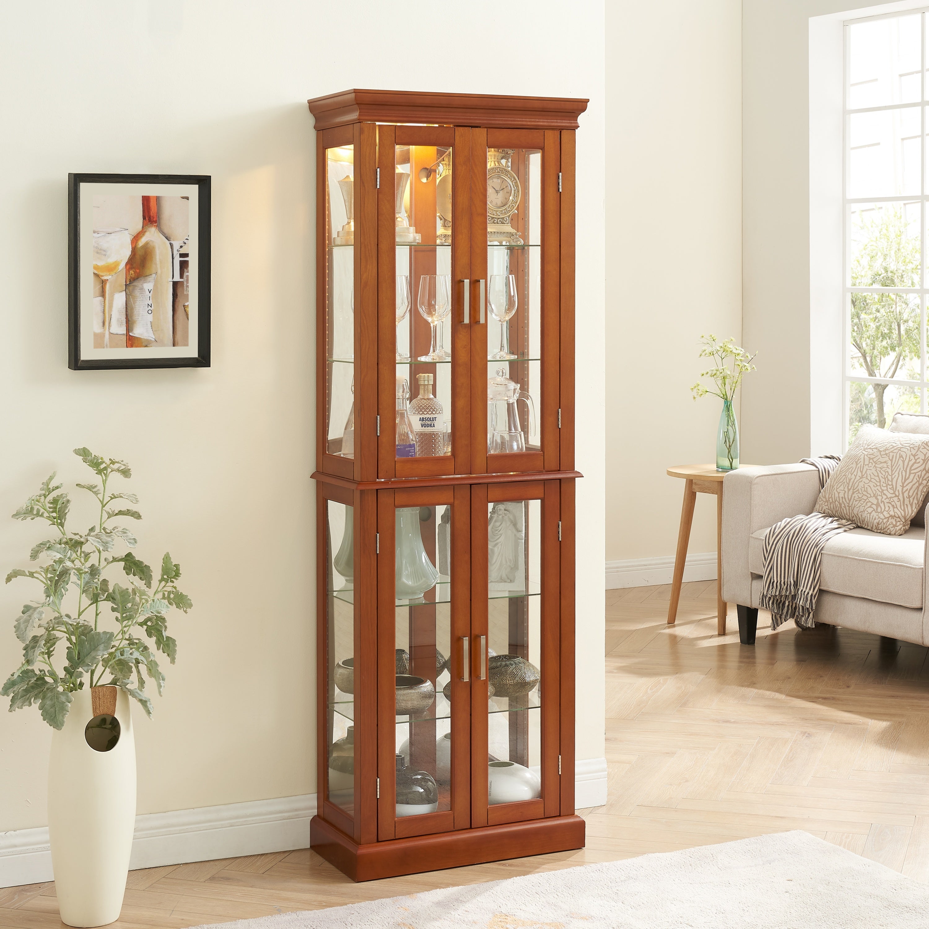 Lighted Curio Cabinet with Adjustable Shelves, Mirrored Back, and Tempered Glass Doors, 6-Tier Walnut Finish - Grand Goldman Shop