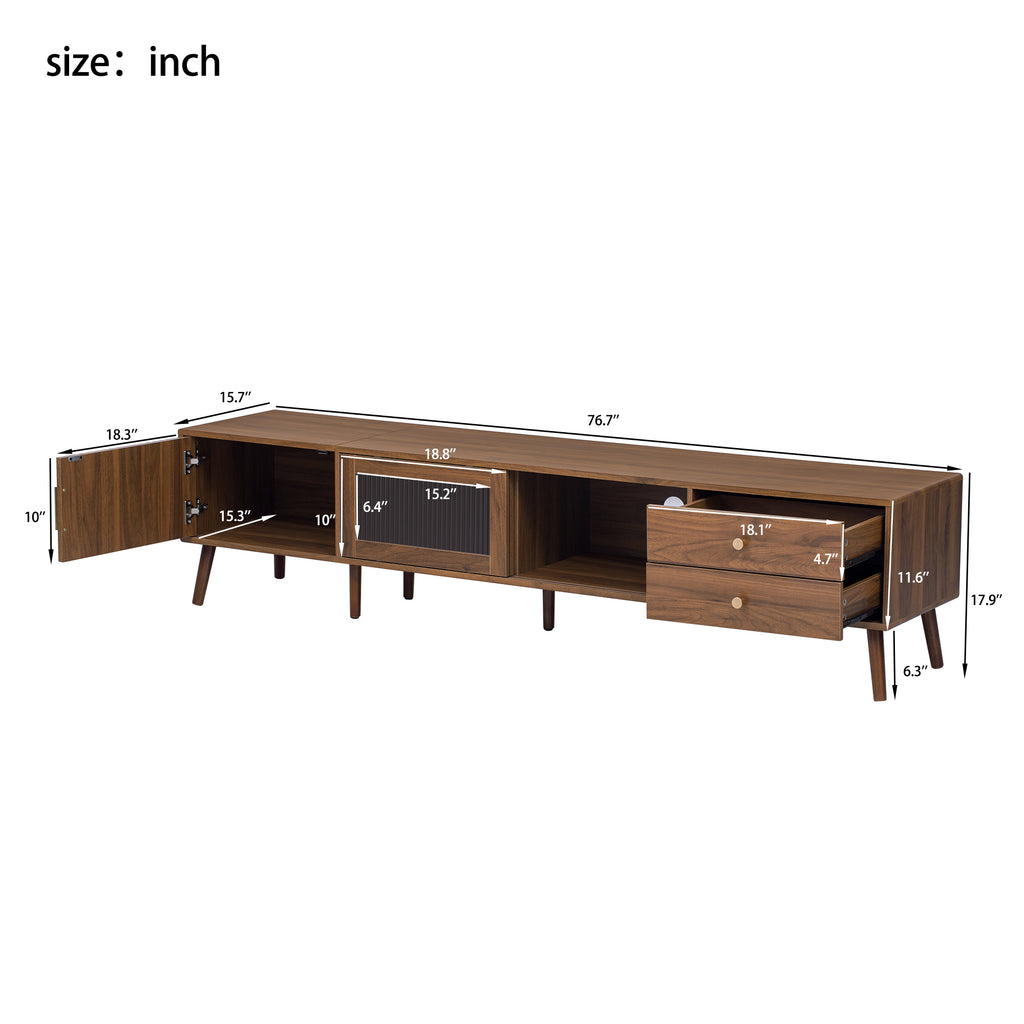76' Modern Minimal Glass-Doors TV Stand for TVs up to 85 Inches, Wood-Grain Entertainment Center with Storage Cabinets, TV Media Console Table for Living Room, Bedroom - Grand Goldman Shop
