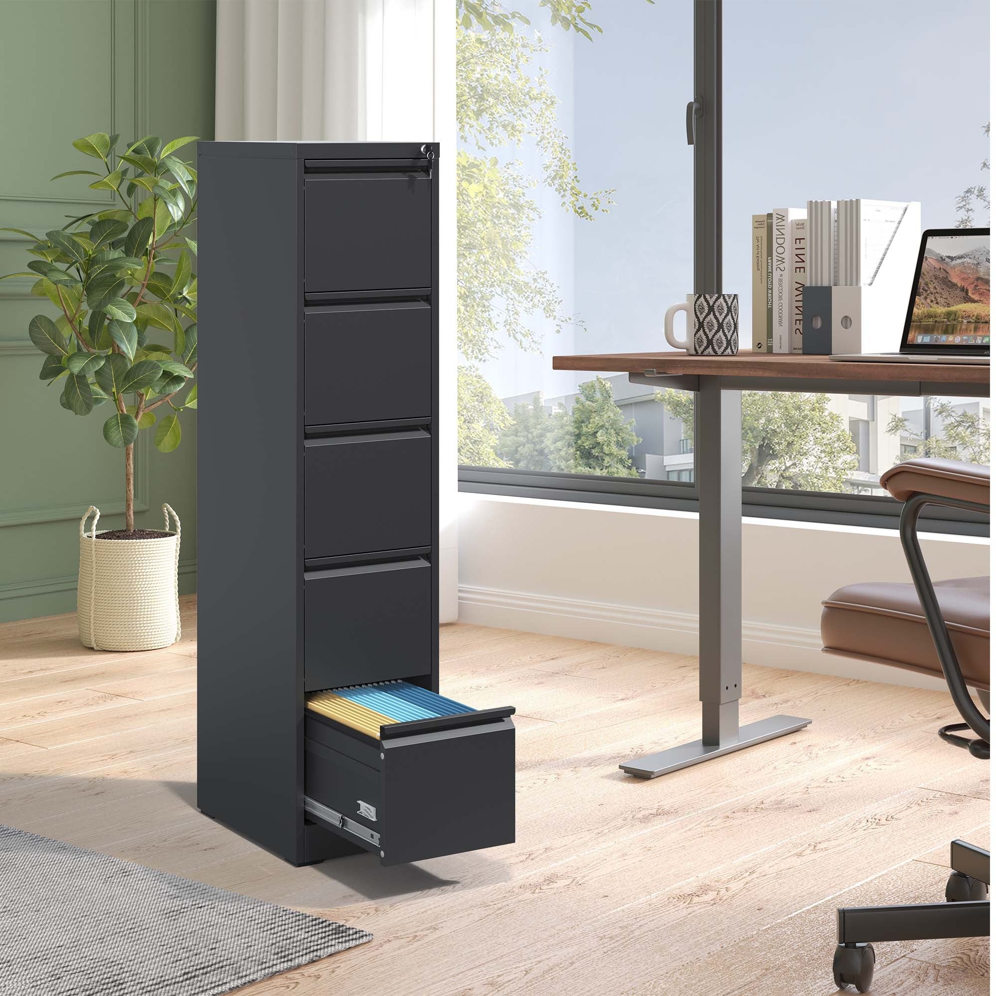 SteelCraft Pro 5 Drawer Metal Vertical File Cabinet with Lock, Black, Steel, 64.17 inches | Premium Home Decor - Grand Goldma