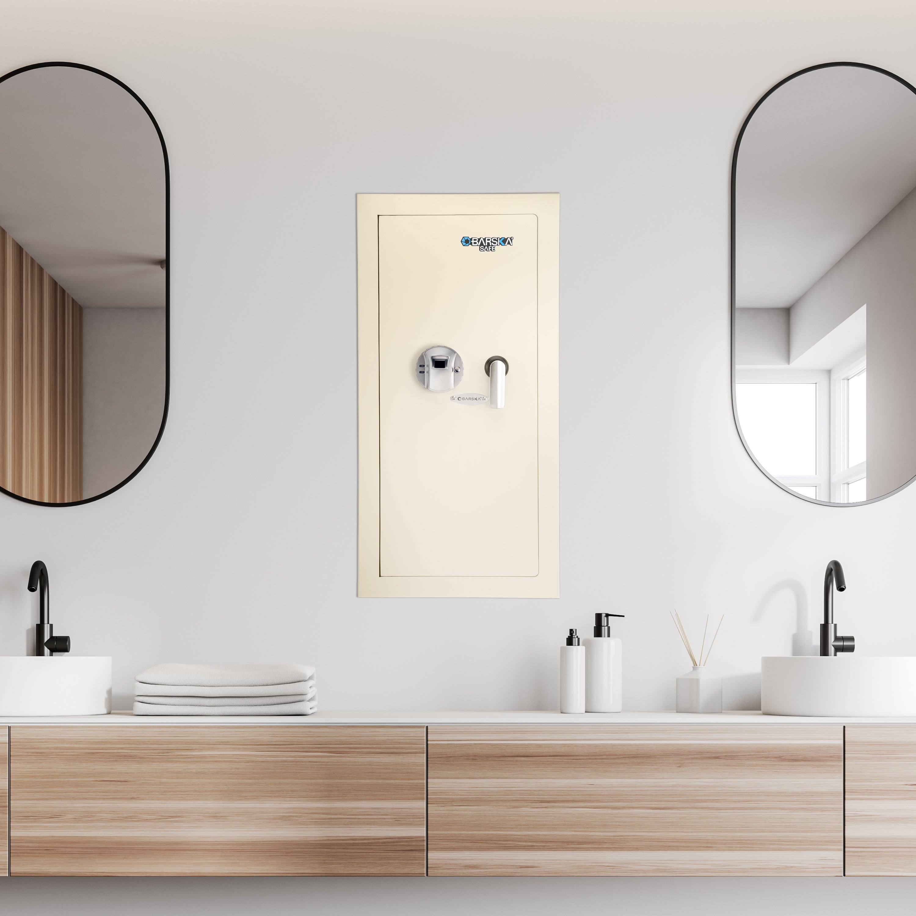 Biometric Wall Safe with Left Open Door in Beige Steel, 0.82 Cubic Ft - Grand Goldman