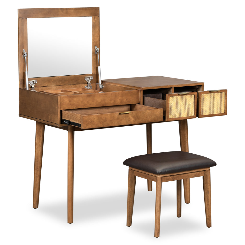 43.3' Classic Wood Makeup Vanity Set with Flip-top Mirror and Stool, Dressing Table with Three Drawers and storage space, Brown - Grand Goldman Shop