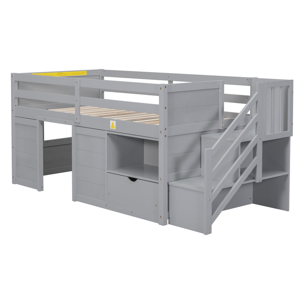 Solid Pine Wood Twin Low Loft Bed with Stair, Drawer, and Shelf in Grey Finish - Grand Goldman Shop