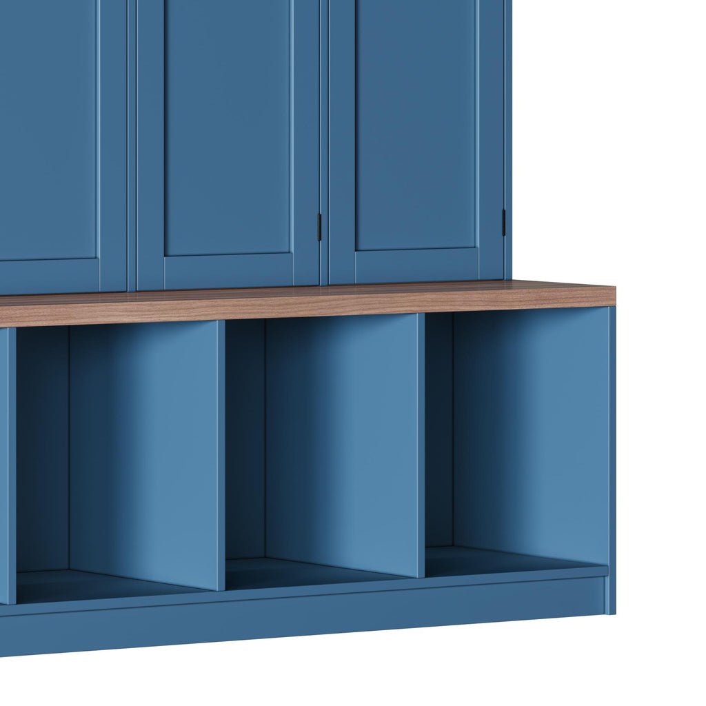 Farmhouse Hall Tree with 4 Hidden Hanging Hooks, Versatile Walnut Seating Bench with 8 Doors, Entryway Shoe Cabinet with Open Compartment for Living Room, Blue (OLD SKU:N721S000059C) - Grand Goldman Shop