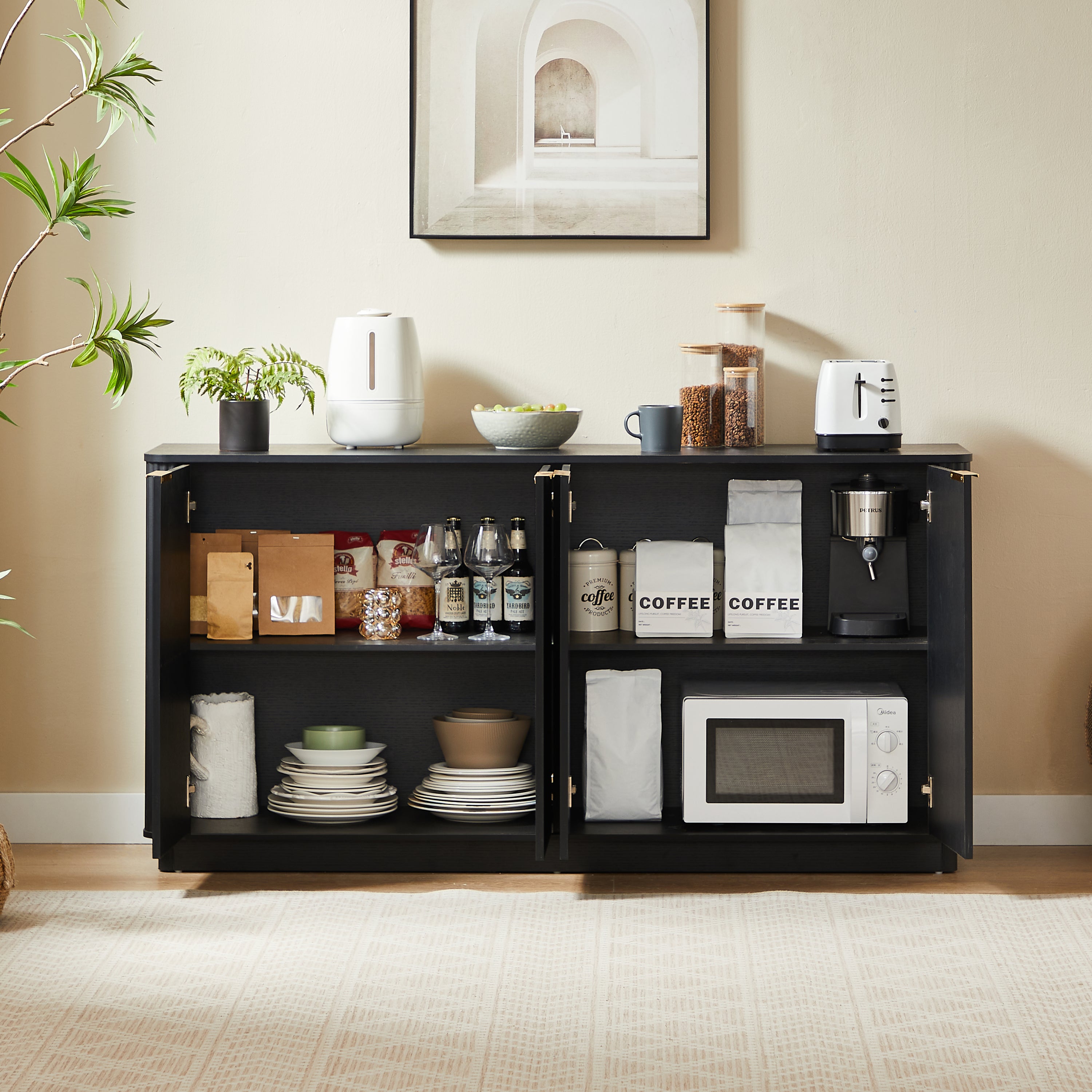 63' Vertical Stripe Buffet Cabinet Sideboard with stoarge, Curved wave Design, TV Stand, for Bedroom, Living Room, Hallway, Black,63''W x 15.75''D x 31.5''H. - Grand Goldman Shop