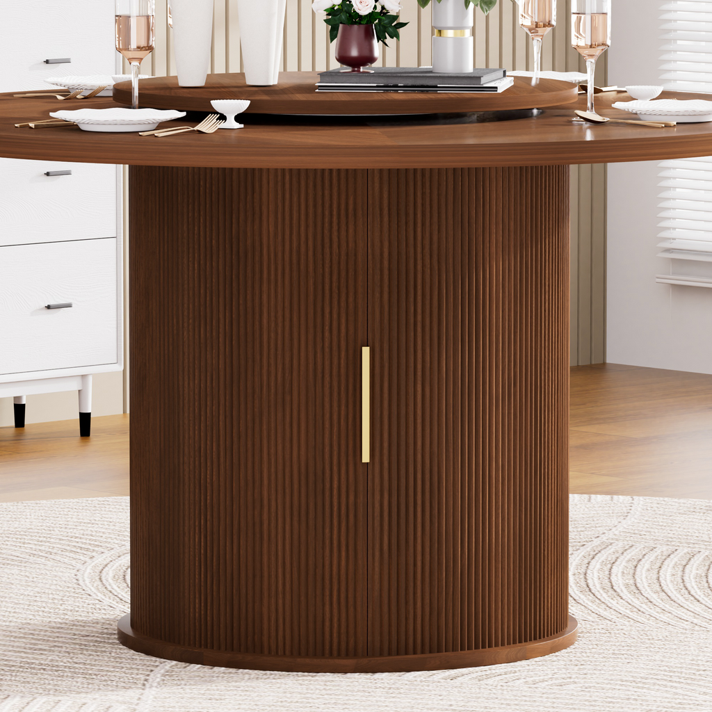 55-inch round dining table for six, featuring a double-tiered storage rack and a rotating tabletop tray. Wooden wavy-striped sliding doors. Ideal for home dining room living room (Walnut). - Grand Goldman Shop