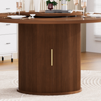 55-inch round dining table for six, featuring a double-tiered storage rack and a rotating tabletop tray. Wooden wavy-striped sliding doors. Ideal for home dining room living room (Walnut). - Grand Goldman Shop