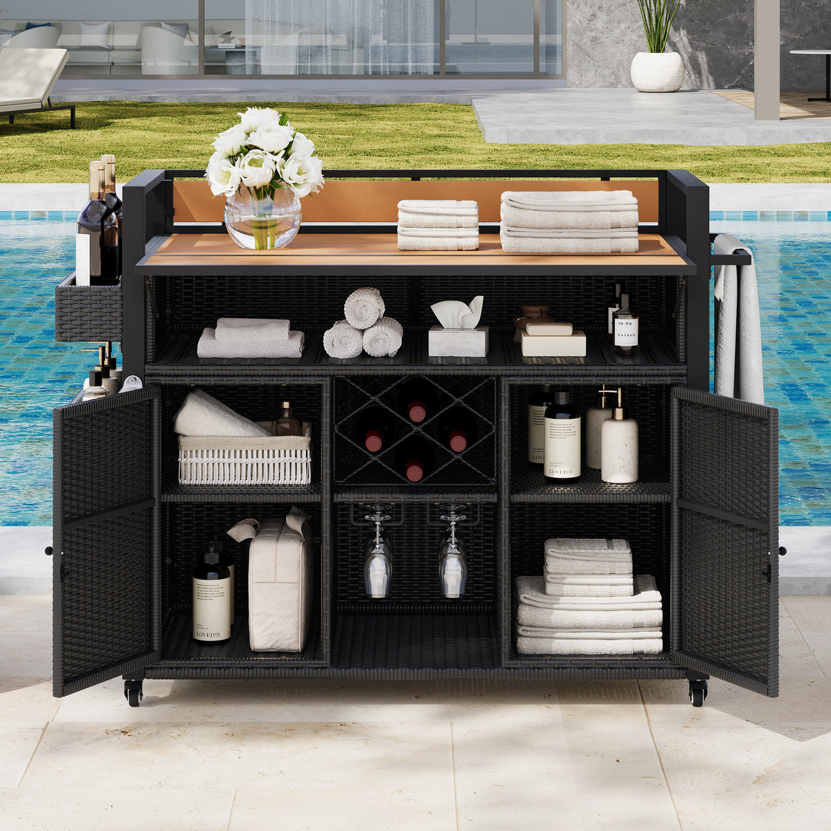 K&K 52.8'W Wicker Outdoor Grill Cart with Extended Plastic Wood Table Top, Rolling Kitchen Island on Wheels with Storage Cabinet, for Patio Backyard Garden Poolside, Double Handle Design, Black Brown - Grand Goldman Shop