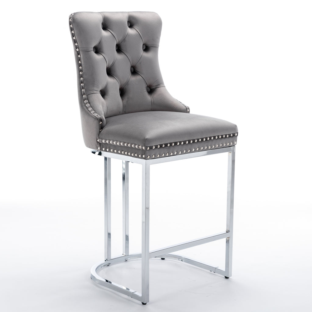 26' Counter Height Bar Stools Set of 2, Modern Velvet Barstools with Button Back&Rivet Trim Upholstered Kitchen Island Chairs with Sturdy Chromed Metal Base Legs Farmhouse Bar Stools, (Gray,2 Pack) - Grand Goldman Shop
