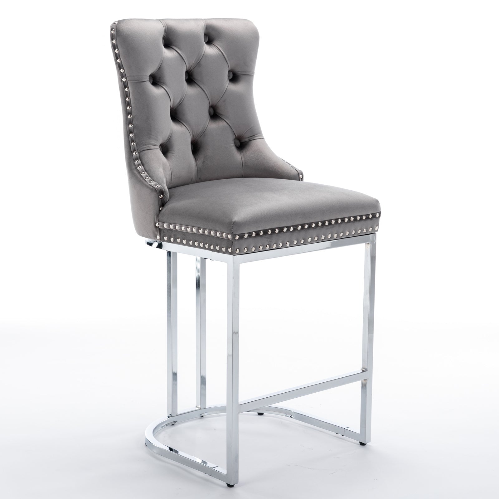 26' Counter Height Bar Stools Set of 2, Modern Velvet Barstools with Button Back&Rivet Trim Upholstered Kitchen Island Chairs with Sturdy Chromed Metal Base Legs Farmhouse Bar Stools, (Gray,2 Pack) - Grand Goldman Shop