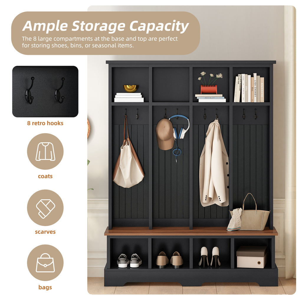 Farmhouse Hall Tree with 8 Hooks, Practical Entryway Bench with Open Compartments, 76.7'H Modern 3-in-1 Wooden Style Coat and Shoe Rack for Mudroom, Living Room, Black (OLD SKU: N721P292601B) - Grand Goldman Shop