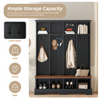 Farmhouse Hall Tree with 8 Hooks, Practical Entryway Bench with Open Compartments, 76.7'H Modern 3-in-1 Wooden Style Coat and Shoe Rack for Mudroom, Living Room, Black (OLD SKU: N721P292601B) - Grand Goldman Shop