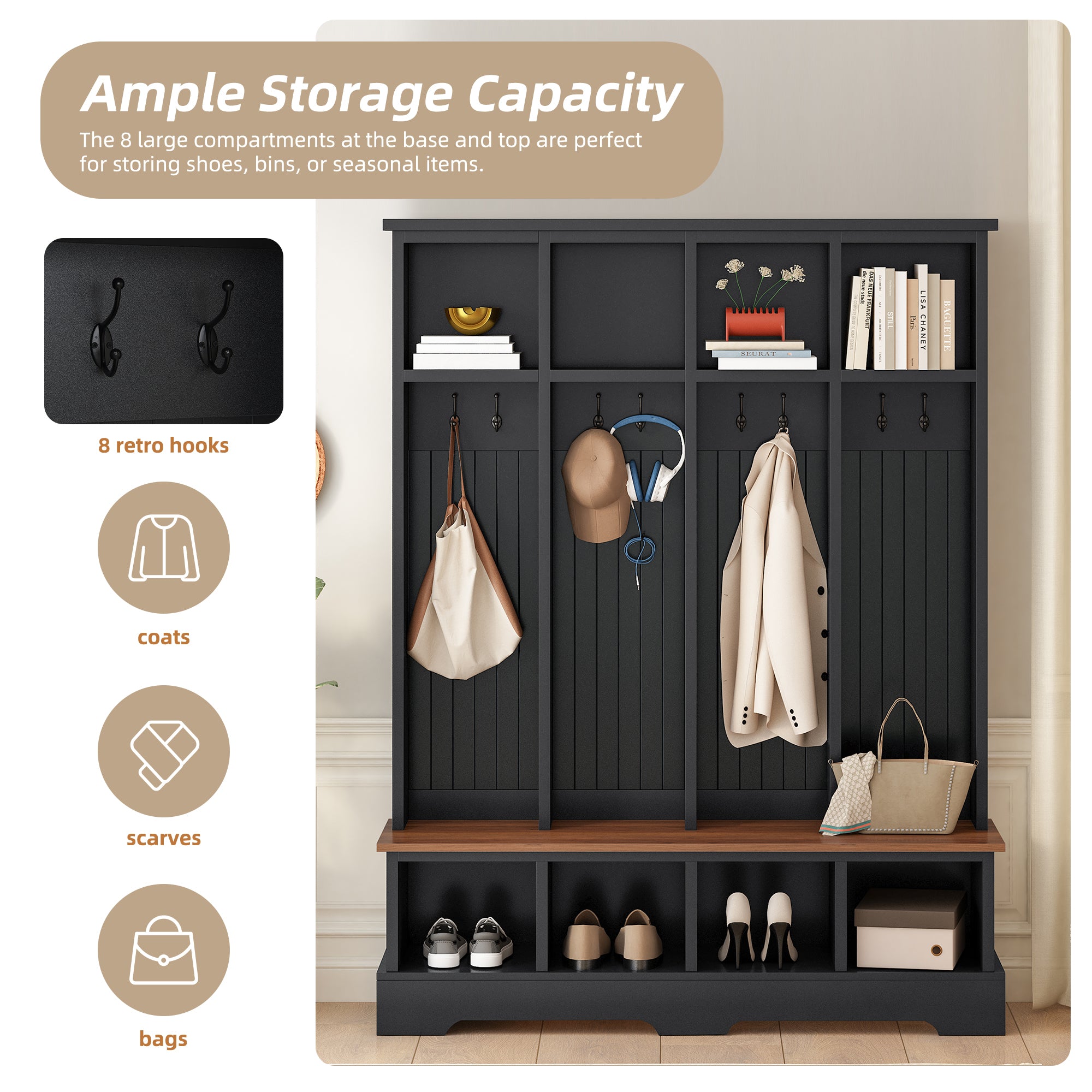 Farmhouse Hall Tree with 8 Hooks, Practical Entryway Bench with Open Compartments, 76.7'H Modern 3-in-1 Wooden Style Coat and Shoe Rack for Mudroom, Living Room, Black (OLD SKU: N721P292601B) - Grand Goldman Shop