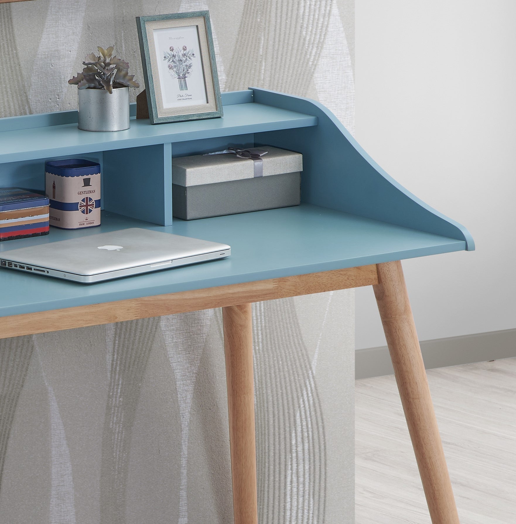 Roskilde Mid-Century Modern Wood Writing Desk with Hutch, Blue - Grand Goldman